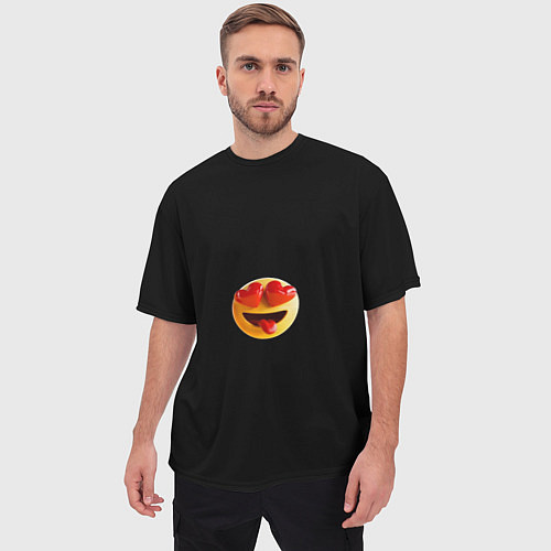 Мужская футболка оверсайз Объемный влюблённый смайл улыбка с языком черном / 3D-принт – фото 3