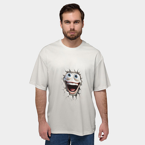 Мужская футболка оверсайз Белая мордашка смайла и дырка в треснувшей стене / 3D-принт – фото 3