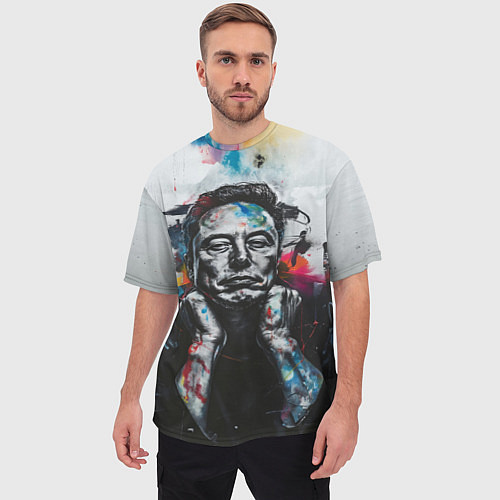 Мужская футболка оверсайз Илон Маск граффити портрет на серой стене / 3D-принт – фото 3