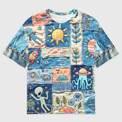 Мужская футболка оверсайз Инопланетные обитатели на пэчворке