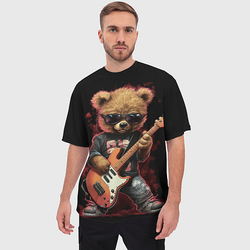 Мужская футболка оверсайз Плюшевый медведь музыкант с гитарой / 3D-принт – фото 3