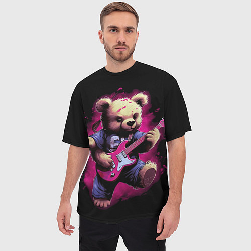 Мужская футболка оверсайз Плюшевый медведь музыкант с гитарой / 3D-принт – фото 3