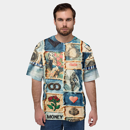 Мужская футболка оверсайз Баксы и девушки на дениме - пэчворк / 3D-принт – фото 3