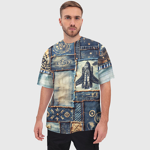 Мужская футболка оверсайз Космический корабль - пэчворк / 3D-принт – фото 3