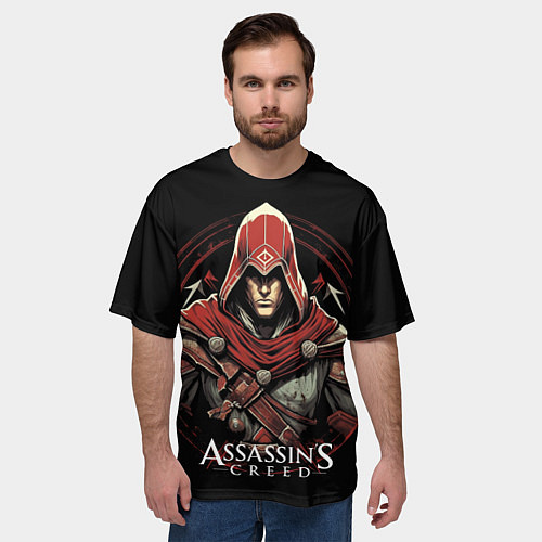 Мужская футболка оверсайз Assassins creed в красном капюшоне / 3D-принт – фото 3