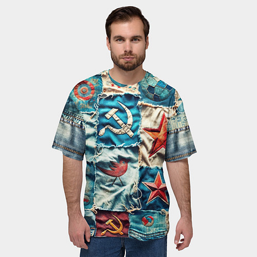 Мужская футболка оверсайз Пэчворк джинсы из СССР / 3D-принт – фото 3