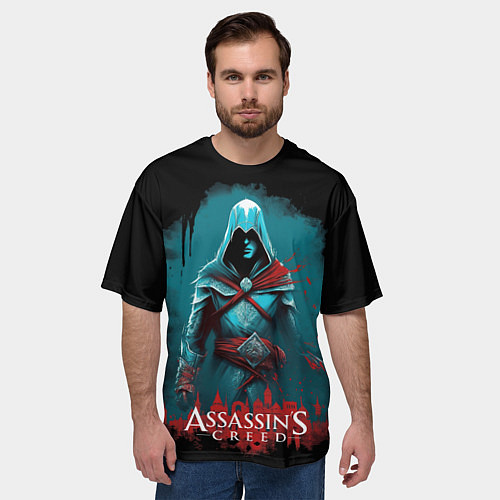 Мужская футболка оверсайз Assassins creed синий дым / 3D-принт – фото 3