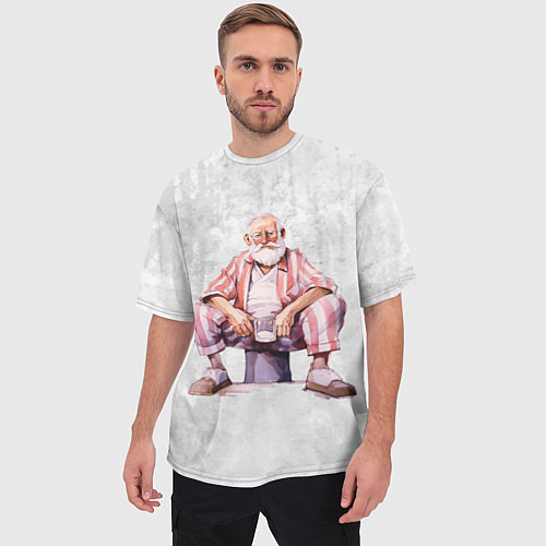 Мужская футболка оверсайз Дед с кружкой сидит / 3D-принт – фото 3