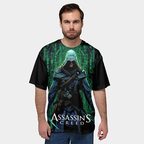 Мужская футболка оверсайз Assassins creed зеленый стиль матрицы / 3D-принт – фото 3