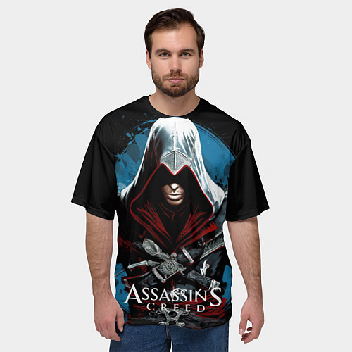 Мужская футболка оверсайз Assassins creed темный синий фон / 3D-принт – фото 3
