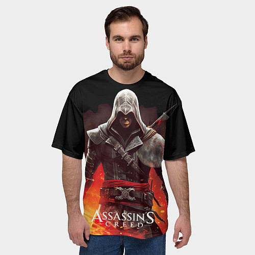 Мужская футболка оверсайз Assassins creed огненный фон вокруг / 3D-принт – фото 3