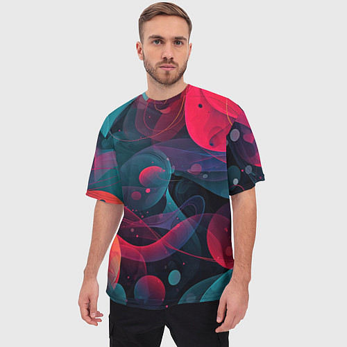 Мужская футболка оверсайз Синие и розовые лепестки абстракции / 3D-принт – фото 3