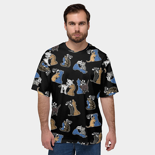 Мужская футболка оверсайз Котики и шахматы на черном / 3D-принт – фото 3
