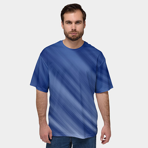 Мужская футболка оверсайз Белые полосы на синем фоне / 3D-принт – фото 3