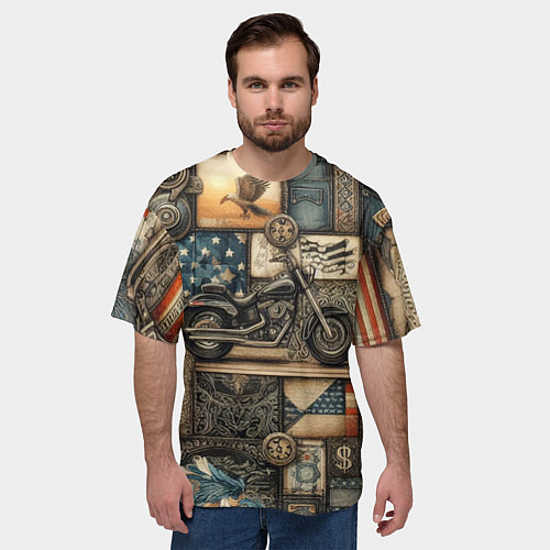 Мужская футболка оверсайз Patchwork with a motorcycle - ai art / 3D-принт – фото 3