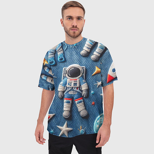 Мужская футболка оверсайз Космонавт - вышивка по джинсе нейросеть / 3D-принт – фото 3
