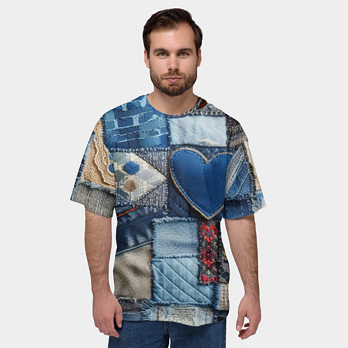 Мужская футболка оверсайз Джинсовый пэчворк - нейросеть / 3D-принт – фото 3