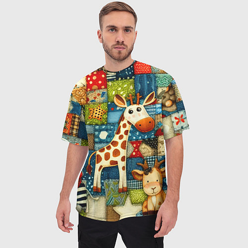 Мужская футболка оверсайз Жираф и компания - пэчворк нейросеть / 3D-принт – фото 3
