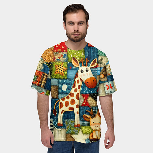 Мужская футболка оверсайз Жираф и компания - пэчворк нейросеть / 3D-принт – фото 3
