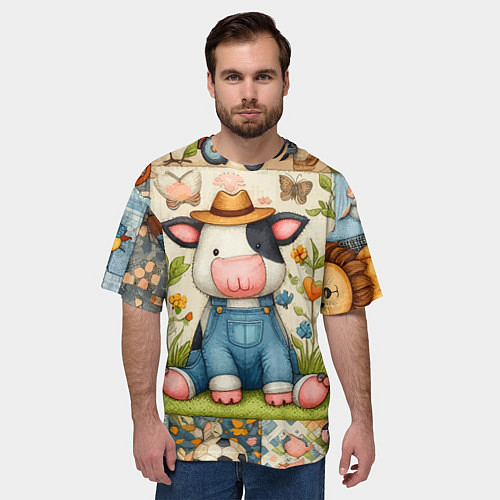 Мужская футболка оверсайз Прикольный телёнок и его друзья - пэчворк / 3D-принт – фото 3