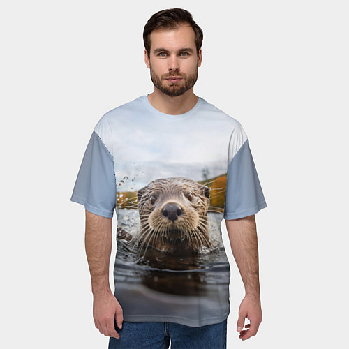 Мужская футболка оверсайз Выдра смотрит из воды / 3D-принт – фото 3