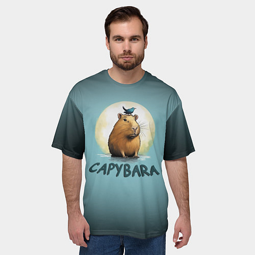 Мужская футболка оверсайз Капибара с птичкой на голове / 3D-принт – фото 3