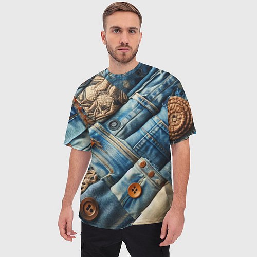 Мужская футболка оверсайз Джинсовый пэчворк с пуговицами - мода / 3D-принт – фото 3