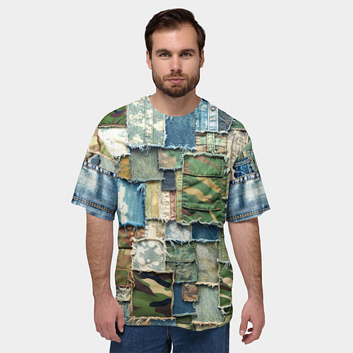 Мужская футболка оверсайз Джинсы с камуфляжем пэчворк / 3D-принт – фото 3