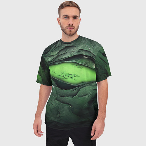 Мужская футболка оверсайз Разрез на зеленой абстракции / 3D-принт – фото 3
