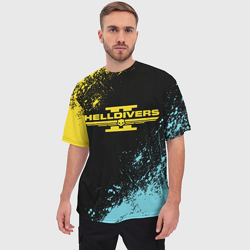 Мужская футболка оверсайз Helldivers 2 logo yellow and blue splash / 3D-принт – фото 3