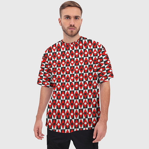 Мужская футболка оверсайз Чёрно-белые ромбы и круги на красном фоне / 3D-принт – фото 3