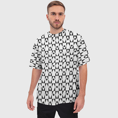 Мужская футболка оверсайз Чёрно-белые ромбы и круги на белом фоне / 3D-принт – фото 3