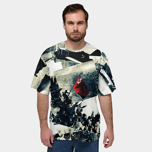 Мужская футболка оверсайз День победы 9 мая и силуэты кадров с фронта / 3D-принт – фото 3