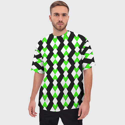 Мужская футболка оверсайз Зелёные и белые ромбы на чёрном фоне / 3D-принт – фото 3