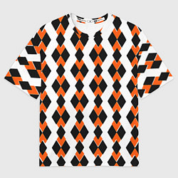 Мужская футболка оверсайз Чёрные и оранжевые ромбы на белом фоне