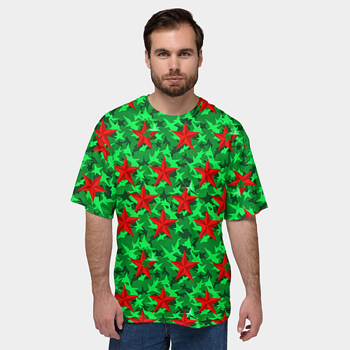 Мужская футболка оверсайз Красные звезды победы на зеленом камуфляже / 3D-принт – фото 3