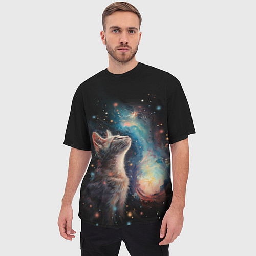 Мужская футболка оверсайз Котик смотрит на небо космоса / 3D-принт – фото 3
