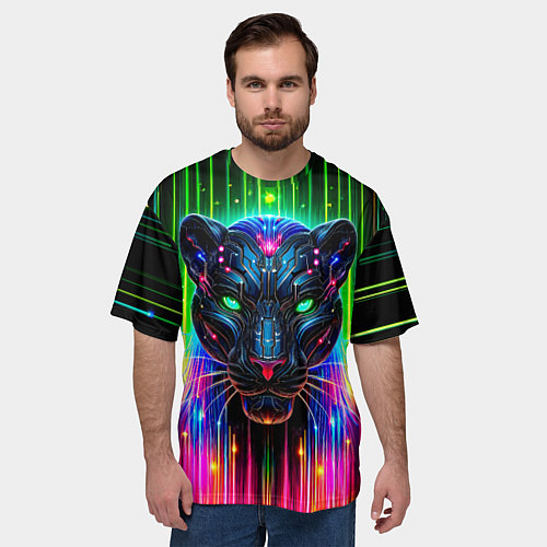 Мужская футболка оверсайз Неоновая цифровая пантера / 3D-принт – фото 3