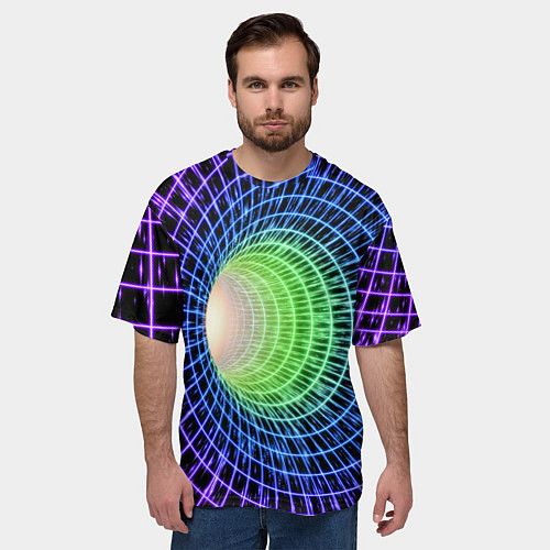 Мужская футболка оверсайз Червоточина - трехцветная сетка со свечением / 3D-принт – фото 3