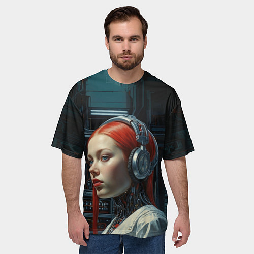 Мужская футболка оверсайз Рыжая девушка-киборг / 3D-принт – фото 3