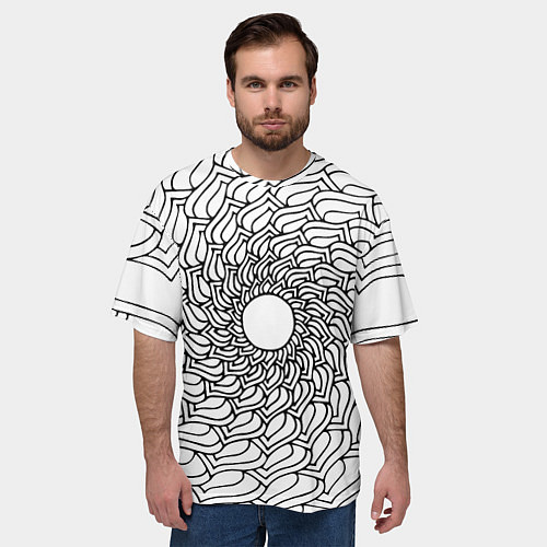 Мужская футболка оверсайз Мандала солнцевидная чёрно-белая / 3D-принт – фото 3