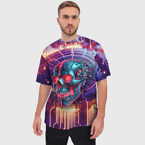 Мужская футболка оверсайз Cyber art skull - steel metal / 3D-принт – фото 3