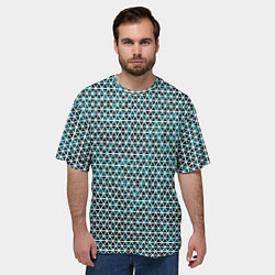 Футболка оверсайз мужская Бирюзовый в белую сетку паттерн, цвет: 3D-принт — фото 2