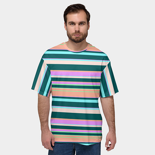 Мужская футболка оверсайз Полосатый оранжево-бирюзовый / 3D-принт – фото 3
