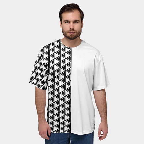 Мужская футболка оверсайз Чёрные треугольники на белом фоне / 3D-принт – фото 3