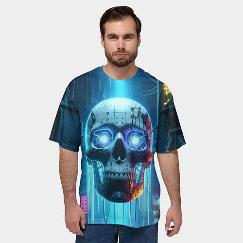Мужская футболка оверсайз Cyber skull - neon glow ai art / 3D-принт – фото 3