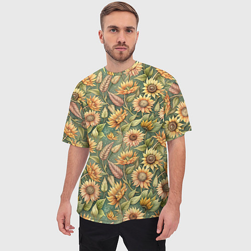 Мужская футболка оверсайз Желтые подсолнухи и пшеница / 3D-принт – фото 3