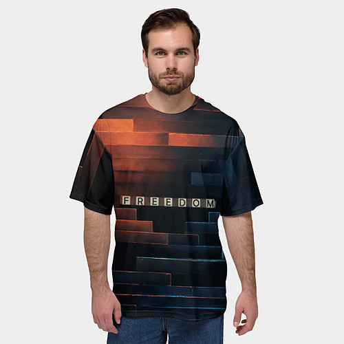 Мужская футболка оверсайз Надпись Freedom на стене / 3D-принт – фото 3