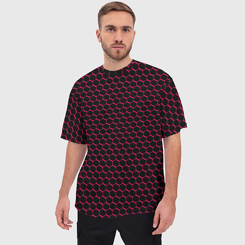 Мужская футболка оверсайз Чёрно-розовый паттерн соты / 3D-принт – фото 3