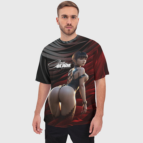 Мужская футболка оверсайз Stellar Blade Eve черно-красный фон / 3D-принт – фото 3